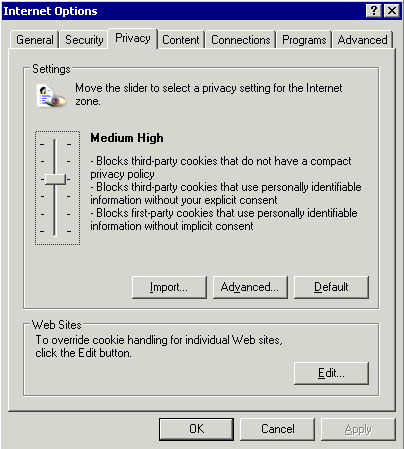 Tools - Internet Options - Privacy. Slider set to Medium High position